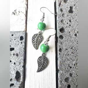 Green Leaf Drop Earrings - Silver Tone and Glass Beads - New and gift packaged